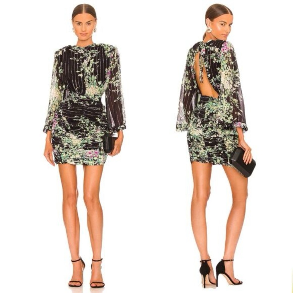 Sabina Musayev Romana Ruched Mini Dress Black Floral Size Small